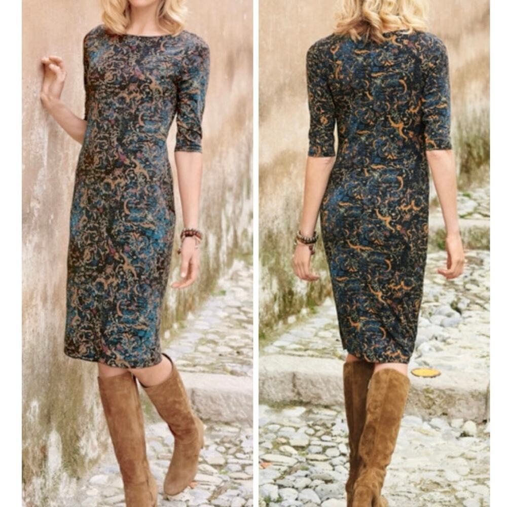 Peruvian Connection Pima Cotton Stretch Jersey Print 3/4 Sleeve Travel Dress XL